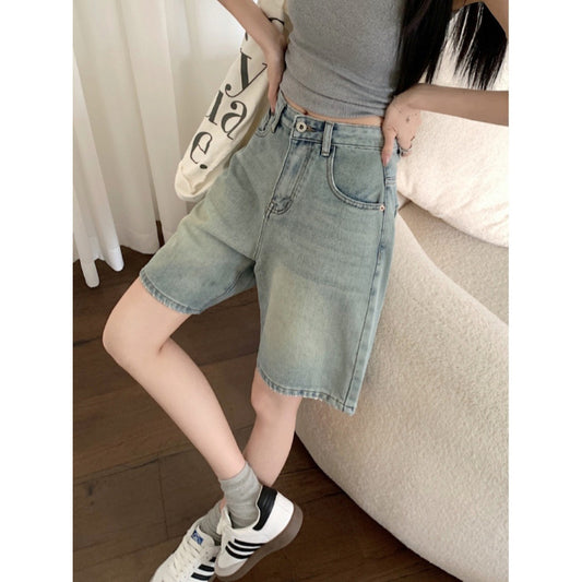 Summer thin denim light blue five-point shorts, women's pear-shaped body, loose large size, fat mm, thin wide-legged midpants