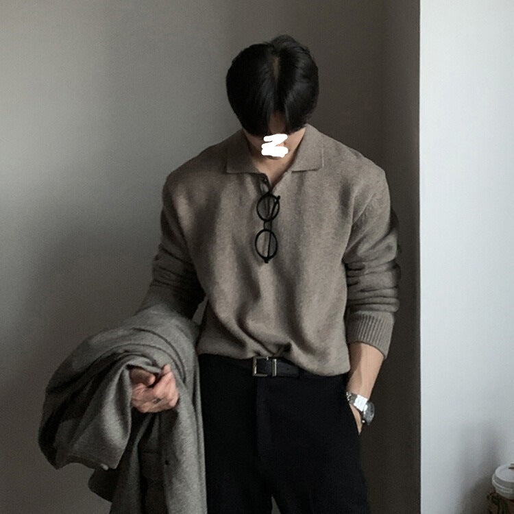 New sweater men's trend DongdaemunKorean men's lapel designer polo collar skin-friendly loose knit