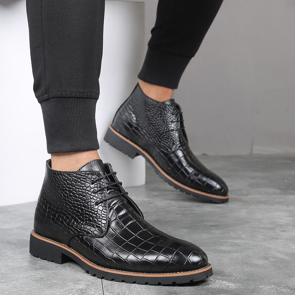 New men's round toe casual shoes men's leather boots front lace-up embossed martin boots plus size men's shoes cross-border foreign trade