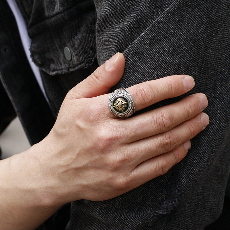Chiba S925 Thai silver ring men's personality hip hop vintage golden glow European gourmet ring single ring Ziba