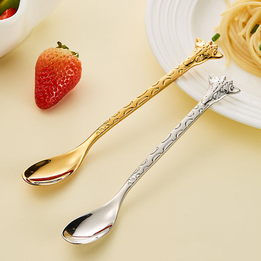 Giraffe Handle Coffee Cute Stirring Dessert Spoon Gold Cartoon Creative Cake 304 Stainless Steel Fork Spoon