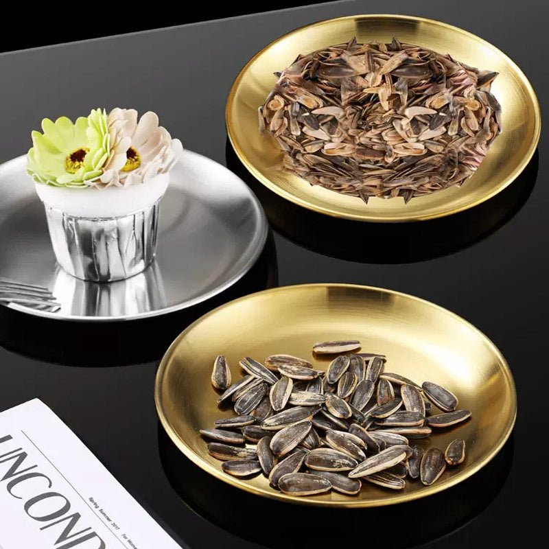 Korean stainless steel plates, light luxury gold round plates, tableware, fruit plates, bone plates, barbecue plates, storage racks, and bone spitting plates