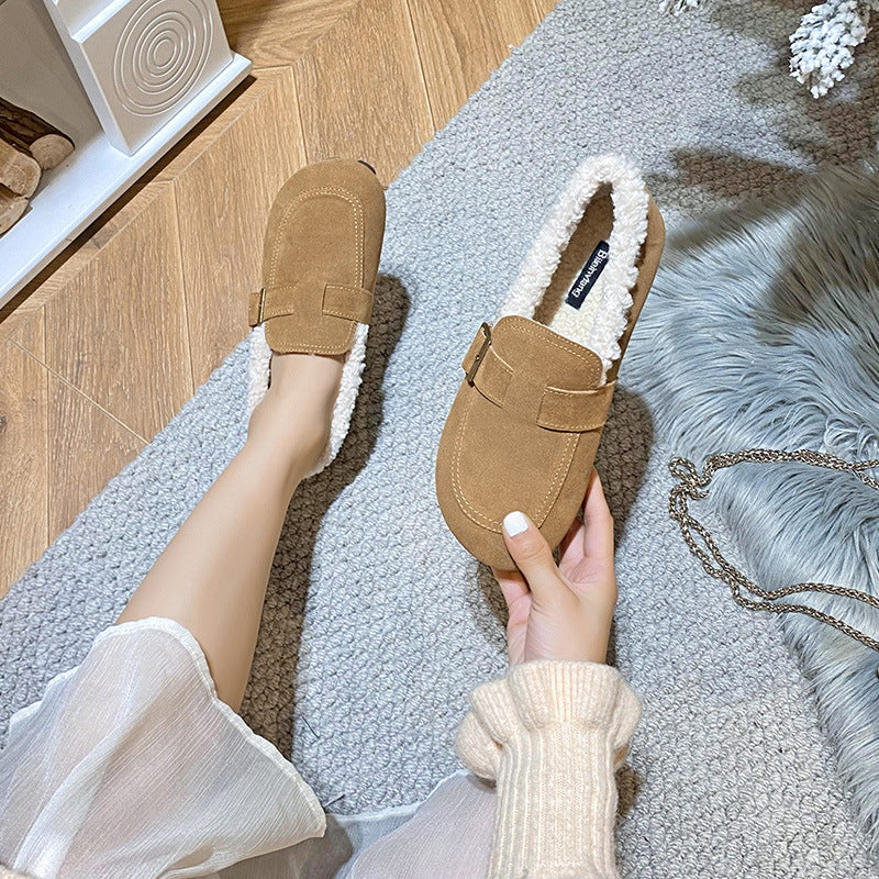 Birkenstock women's 2023 new autumn and winter maternity shoes one-foot pedal women's shoes plus fleece bean soft-soled Birkenstock shoes are all-inclusive