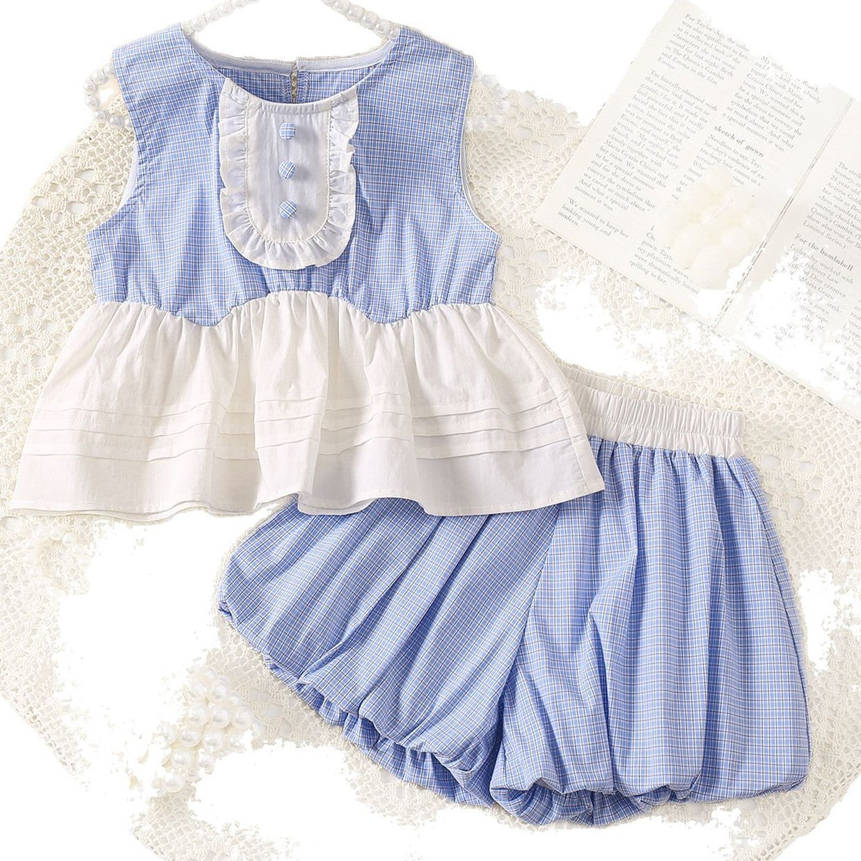 2025 Korean version of the girl's suit, summer new sleeveless blue checkered shirt dress, bud shorts, foreign two-piece set