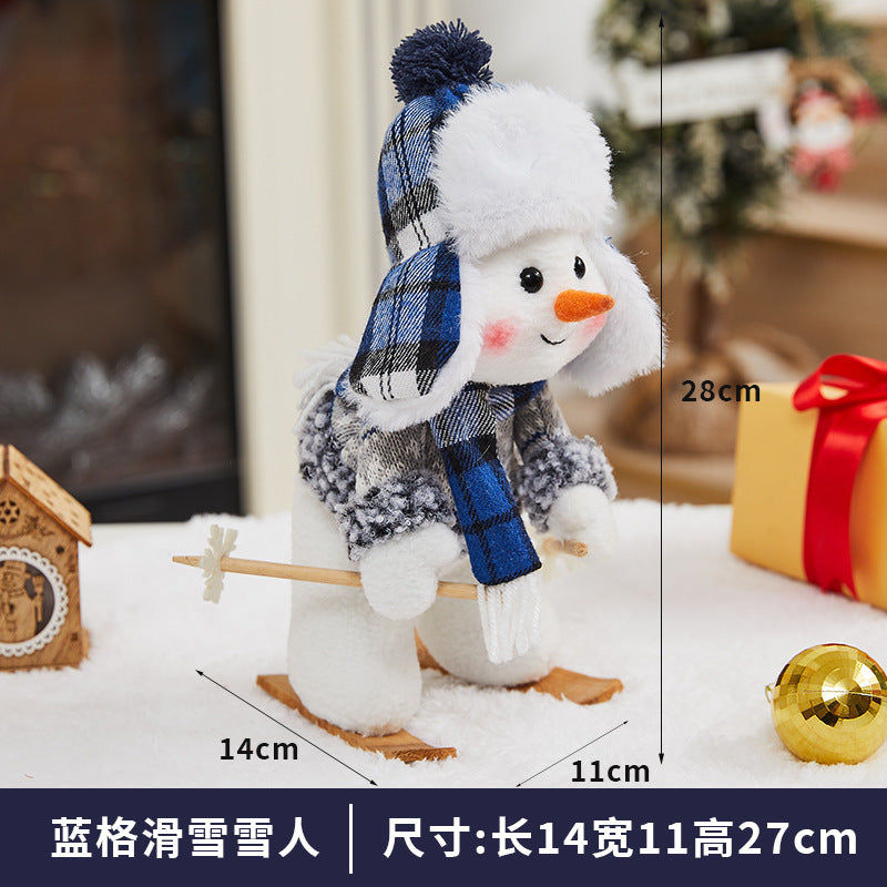 Cross-border Christmas decorations ski snowman doll tabletop doll blue plaid fabric Christmas iron foot snowman ornament