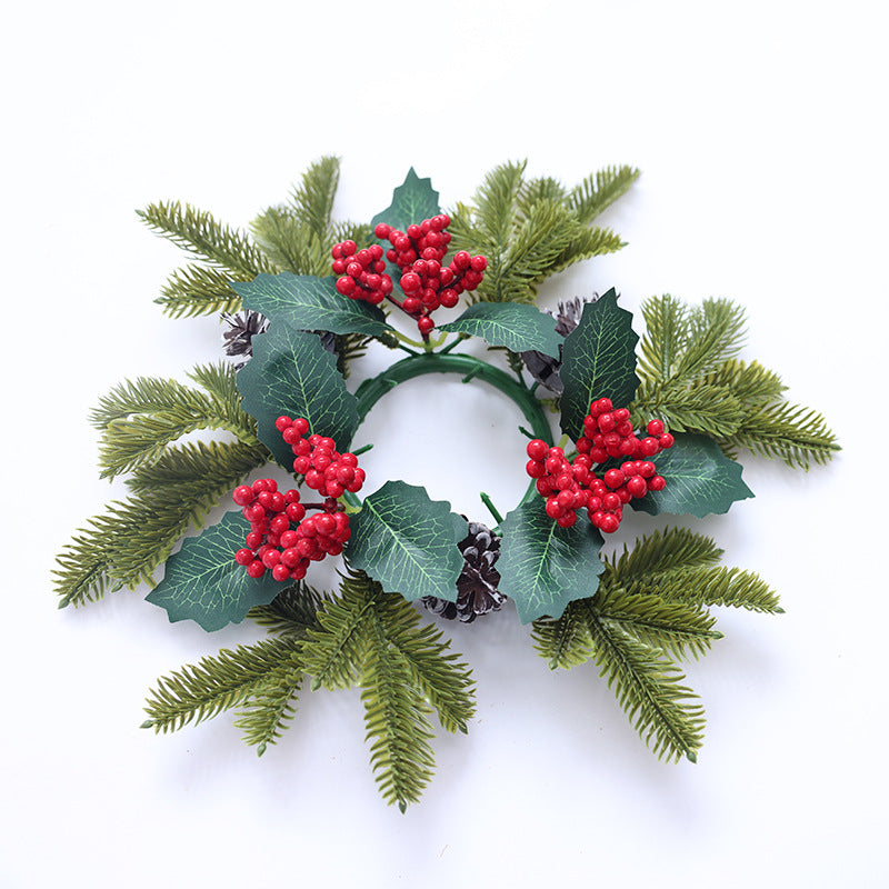 Cross border simulation pine cone red fruit candle wreath desktop home decoration Christmas table setting candle holder small garland