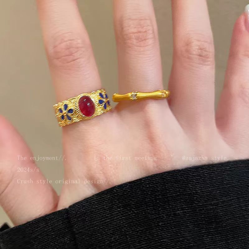 Court style retro gold enamel slub ring women's fashion high-end index finger ring new Chinese autumn and winter style ring
