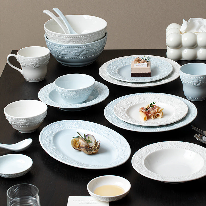 Ceramic tableware Classical light luxury embossed bowls and plates household rice soup bowl cup combination high-quality dishes set