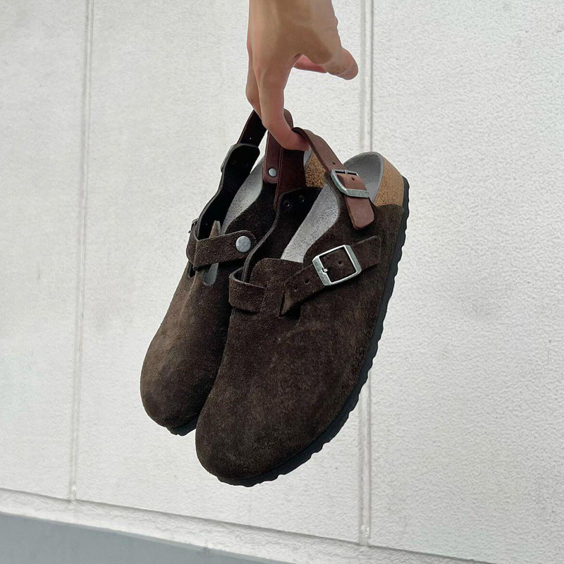 [Spot] vintage brown heel with Birkenstock shoes women's two wear leather toe single shoes thick-soled Boken half slippers