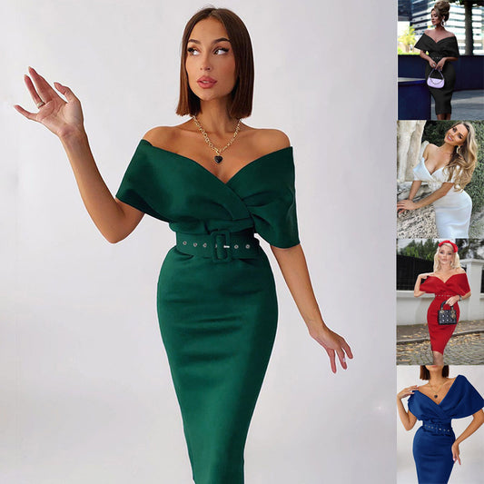 2024 European and American women's autumn new temperament off-the-shoulder high-waisted waist with belt dress dresses air