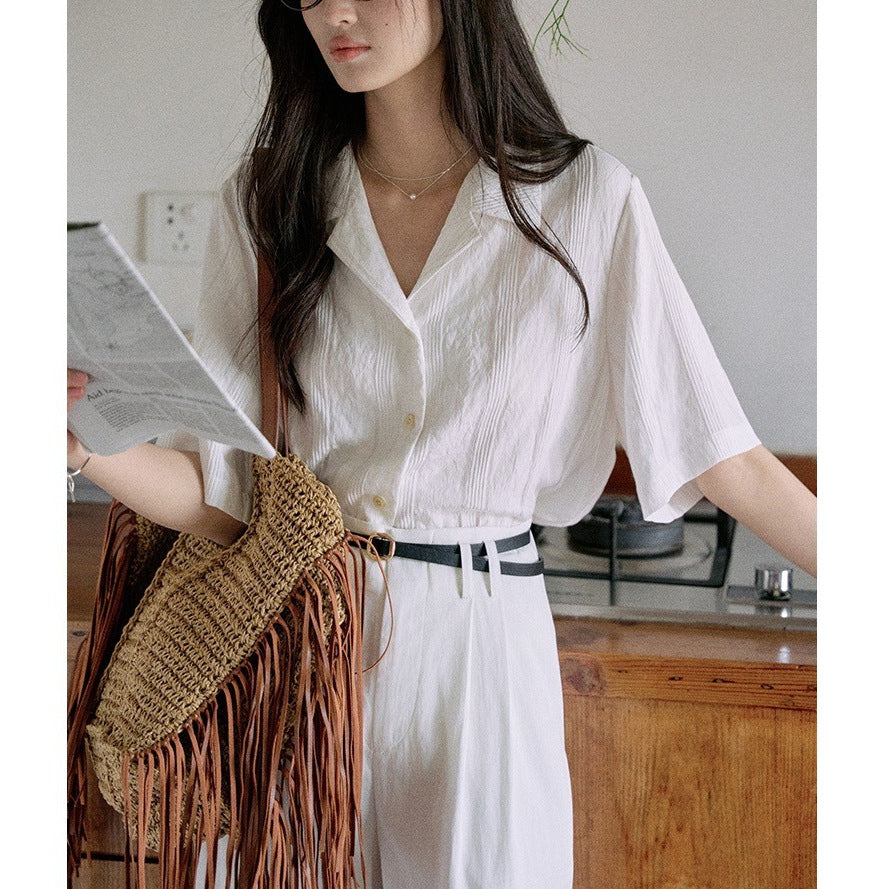 Jicoutre "Nanyang Holiday" loose short sleeve Cuban collar shirt women's summer French vintage casual top