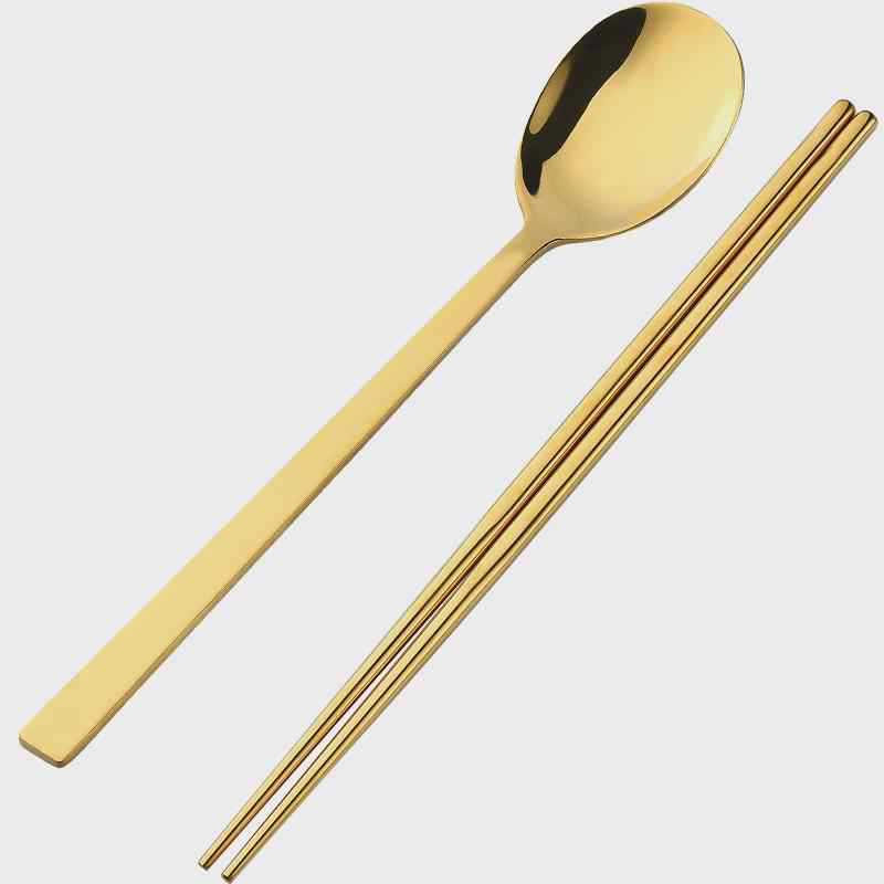304 stainless steel spoon chopstick set Japanese Korean gold long-handled spoon household solid spoon soup products bibimbap spoon