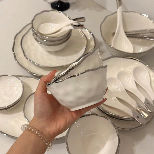 Nordic light luxury high-value dishes high-end silver-edged white ceramic tableware housewarming household plates and bowls combination set