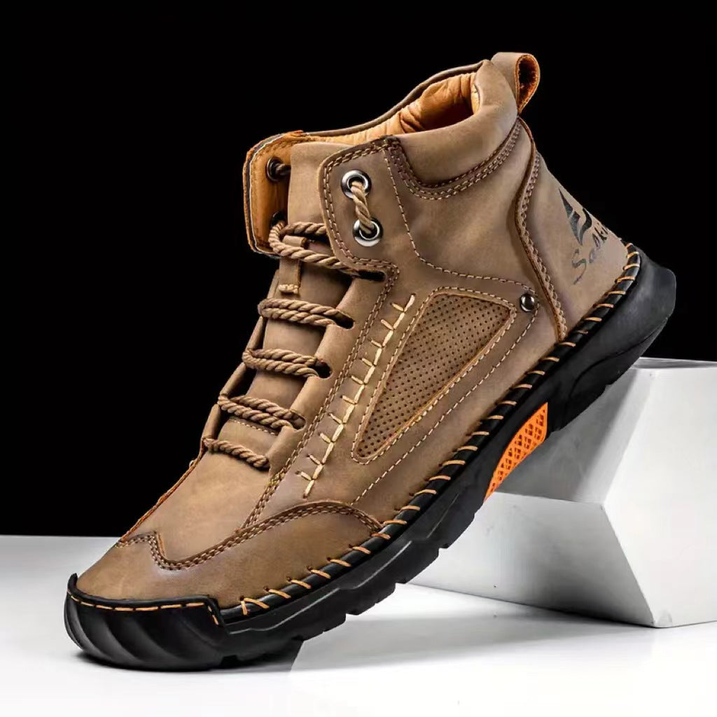 Cross border plus size men's PU leather boots men's fashion hand-stitched ankle boots flat lace-up casual shoes