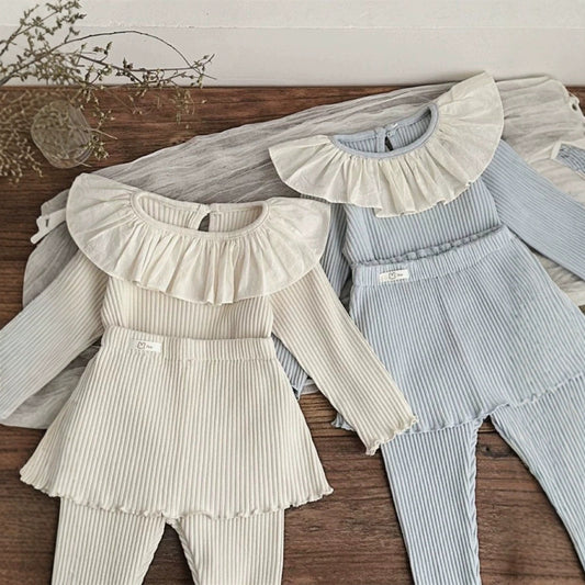 INS Spring and Autumn Infant Pit Strip Ruffle Collar Long-sleeved Top + Culot Two-Piece Sweet Set for Baby Girl