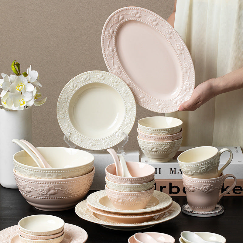 Ceramic tableware Classical light luxury embossed bowls and plates household rice soup bowl cup combination high-quality dishes set