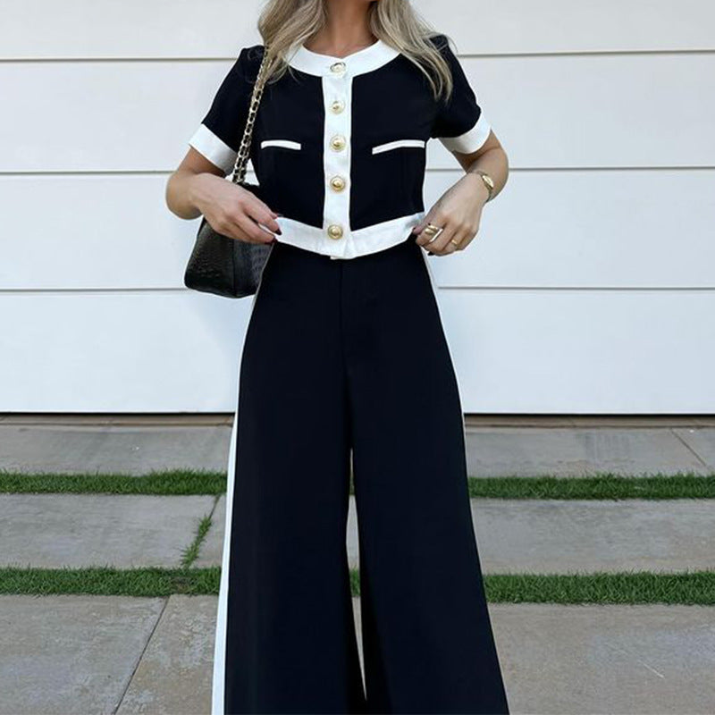 Spot 2024 Autumn Winter New Cross Border Women's Fashion Commuter Short Sleeve Cropped Top Straight Leg Pants Set of 2