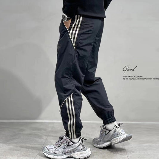 Summer 2024 Sports Long Pants Men's Solid Color Loose Quick Dry Drawstring Plus Size Casual Cropped Fattening Work Wear Foot Restraint