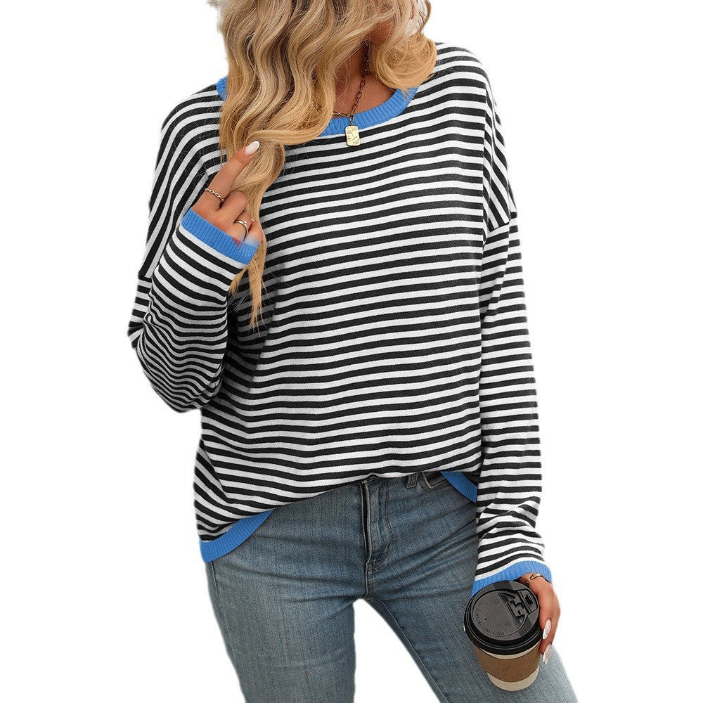 2024 autumn and winter new cross-border European and American women's Amazon women's round neck striped contrast long-sleeved casual sweater