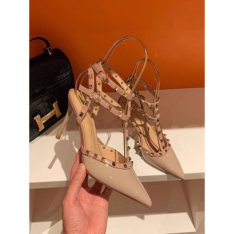 Hong Kong Rivet High Heels Women's Summer 2025 New Pointed Toe Stiletto White Willow Ding Non-Tired Foot Sandals Single Shoes