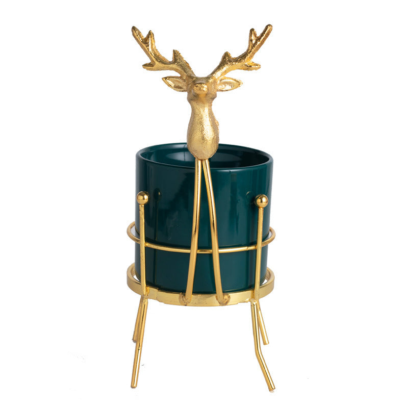 Factory wholesale creative pen holder storage gold iron wrought fawn ceramic vase floral arrangement ornament