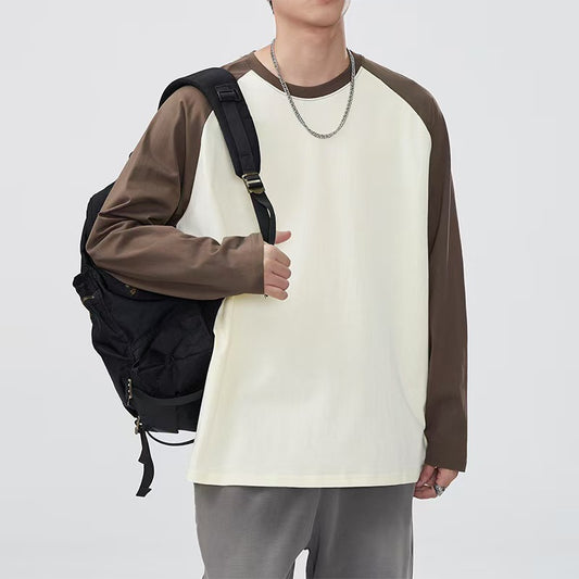 Heavy raglan cotton long sleeve t-shirt men's American contrasting stitching base layer shirt loose crew neck unisex long-sleeved T