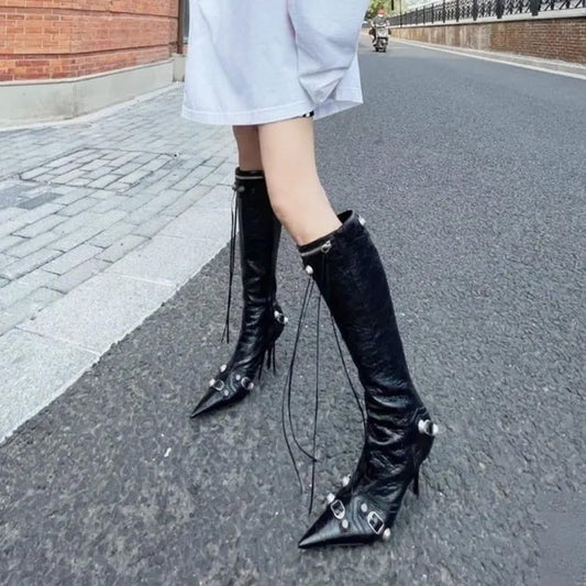 European and American new pointed toe thin heel metal rivet motorcycle catwalk women's boots belt buckle tassel plus size knight fashion boots
