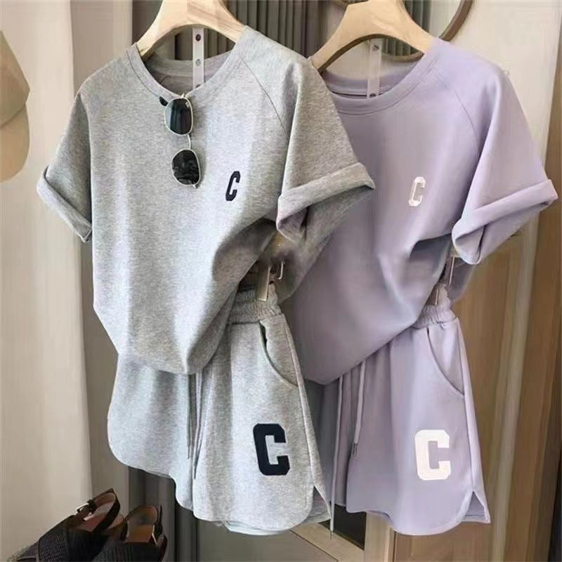 Amazon Korean version women's summer suit loose short sleeve t-shirt casual shorts sports print letter casual two-piece set