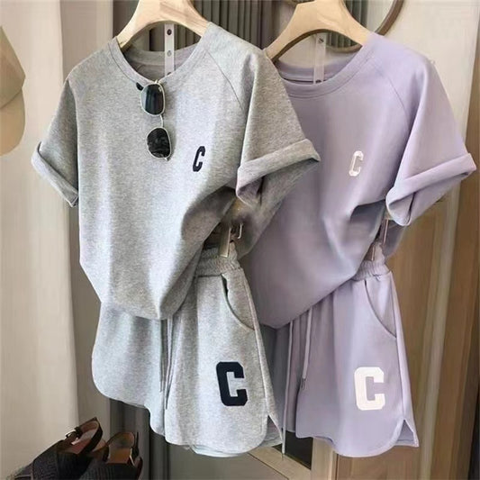 Amazon Korean version women's summer suit loose short sleeve t-shirt casual shorts sports print letter casual two-piece set