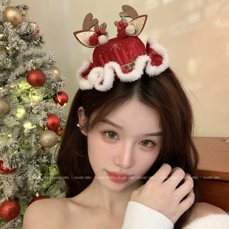 Christmas forest antler hat hairpins with cute plush three-dimensional Santa hat headdresses with sweet hairpins