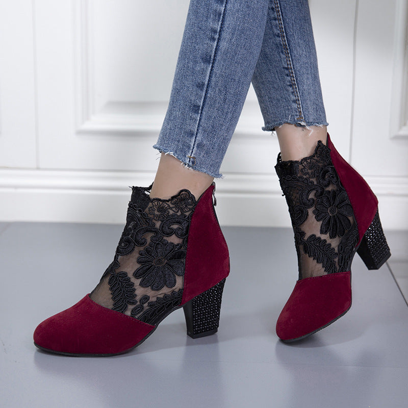 Lace mesh high heeled sandals women's amazon foreign trade plus size european and american fashion round toe block heel roman sandals wholesale