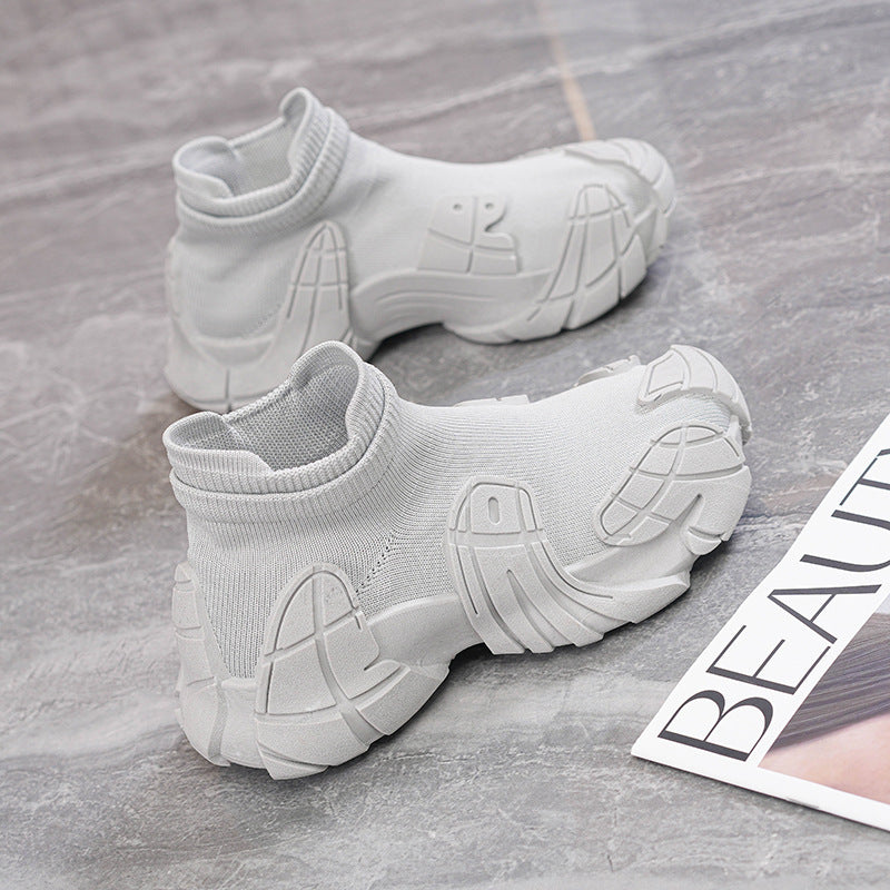 Douyin live broadcast popular elastic socks shoes and boots outdoor hiking sports windproof high-top mid-rise boots flying weaving casual women's boots