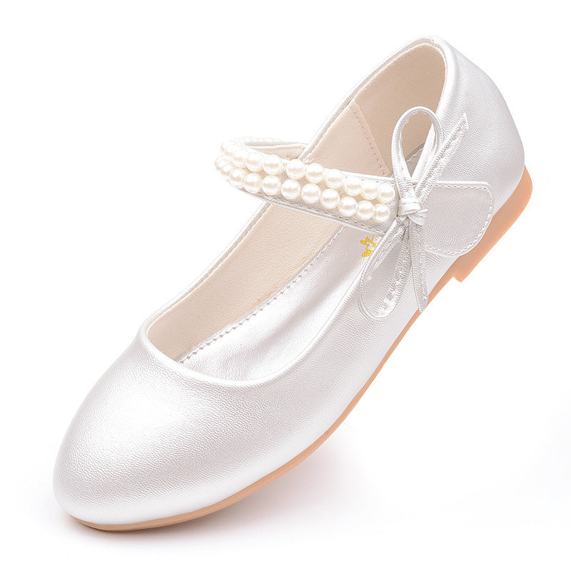 Spring and Autumn New Girls' White Leather ShoesChildren's Flat White ShoesGirls' Flower GirlsSchool Uniforms, Photography Dresses, Shoes, Pearls