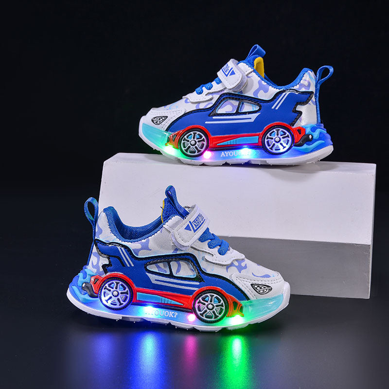Luminous sneakers 2025 spring and autumn new cartoon car children's casual shoes for little boys leather light shoes