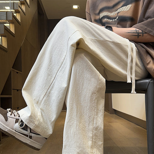 Apricot cotton and linen pants, men's summer thin sweatpants, loose straight slacks, ice silk wide-leg pants, linen women's pants