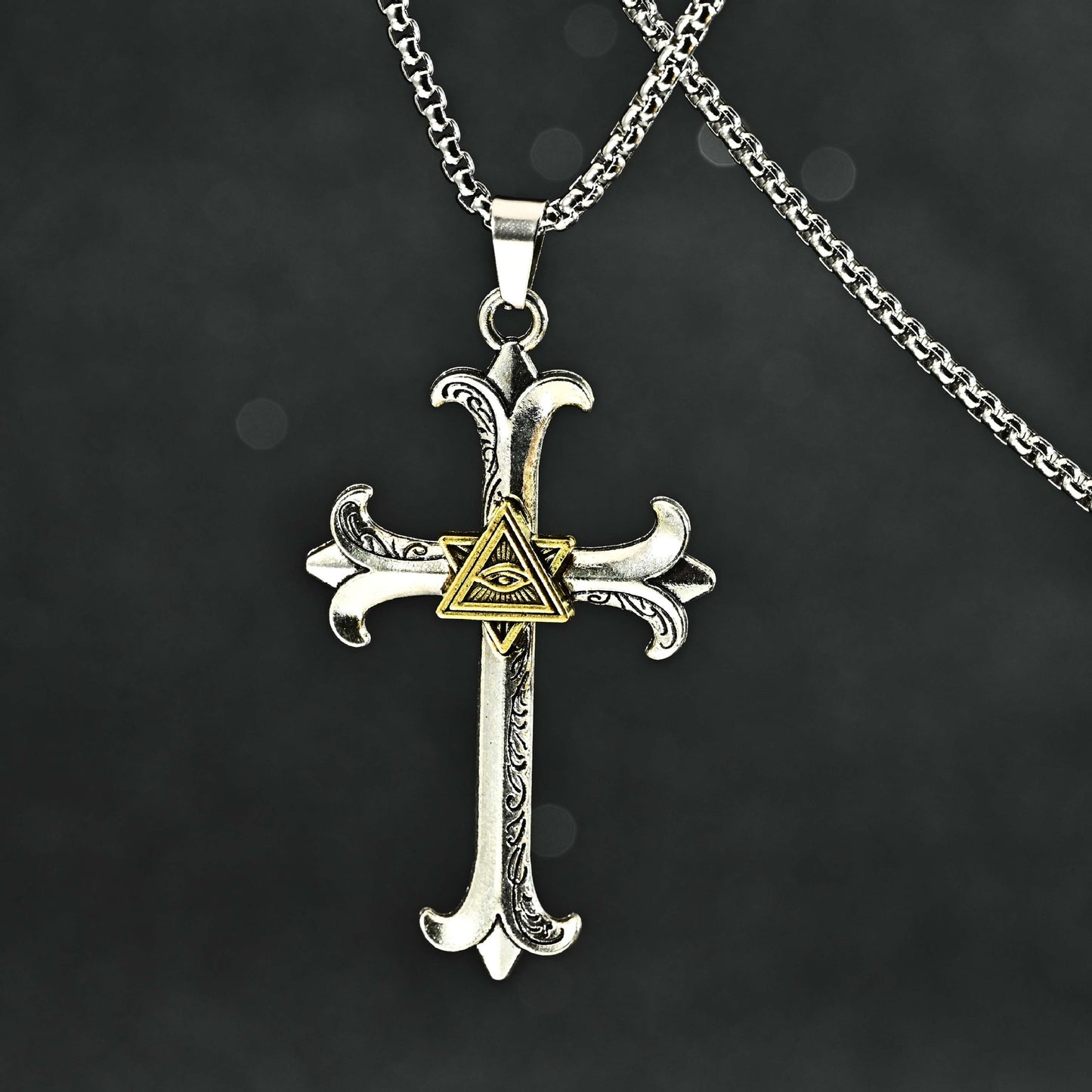 Cross-border hip hop eye of God men's cross pendant Thai silver old personality niche necklace pendant hip hop style