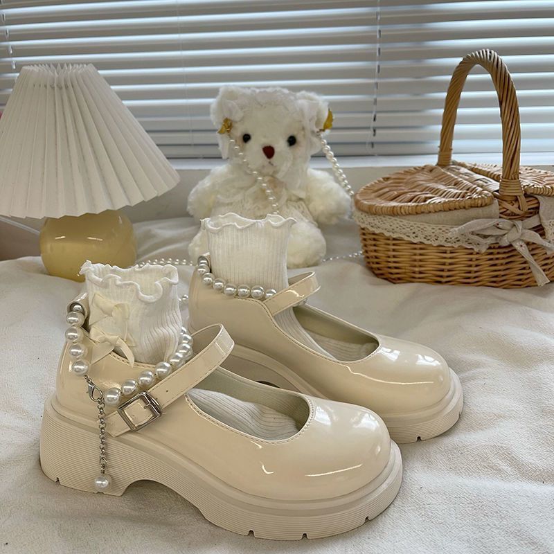 Plus size women's shoes wide feet british style white small leather shoes women's platform soles versatile pearl Mary Jane shoes with skirt jk shoes