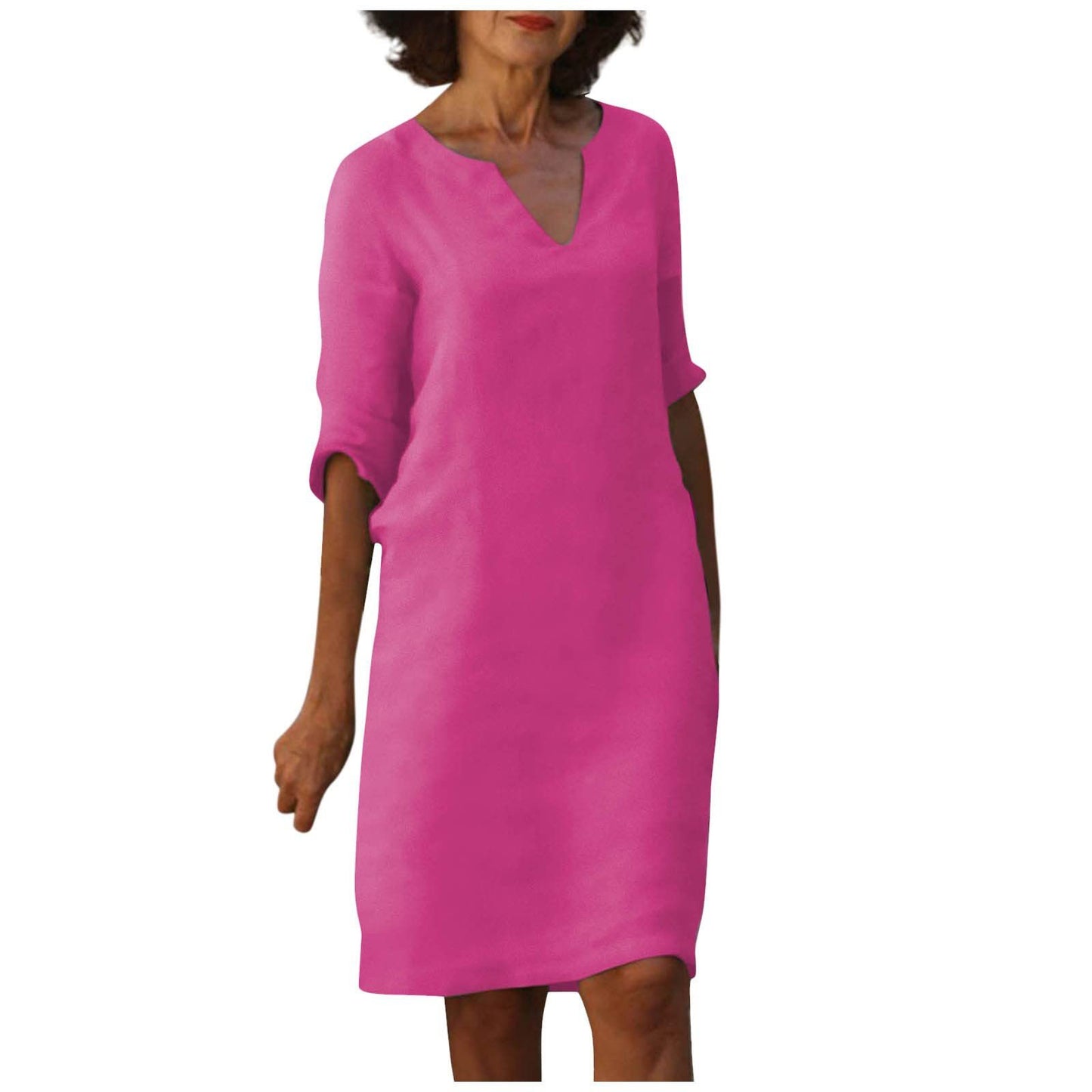 Amazon European and American cotton and linen V-neck stitching retro high-waisted solid color three-quarter sleeve dress cotton and linen wash crinkled fabric
