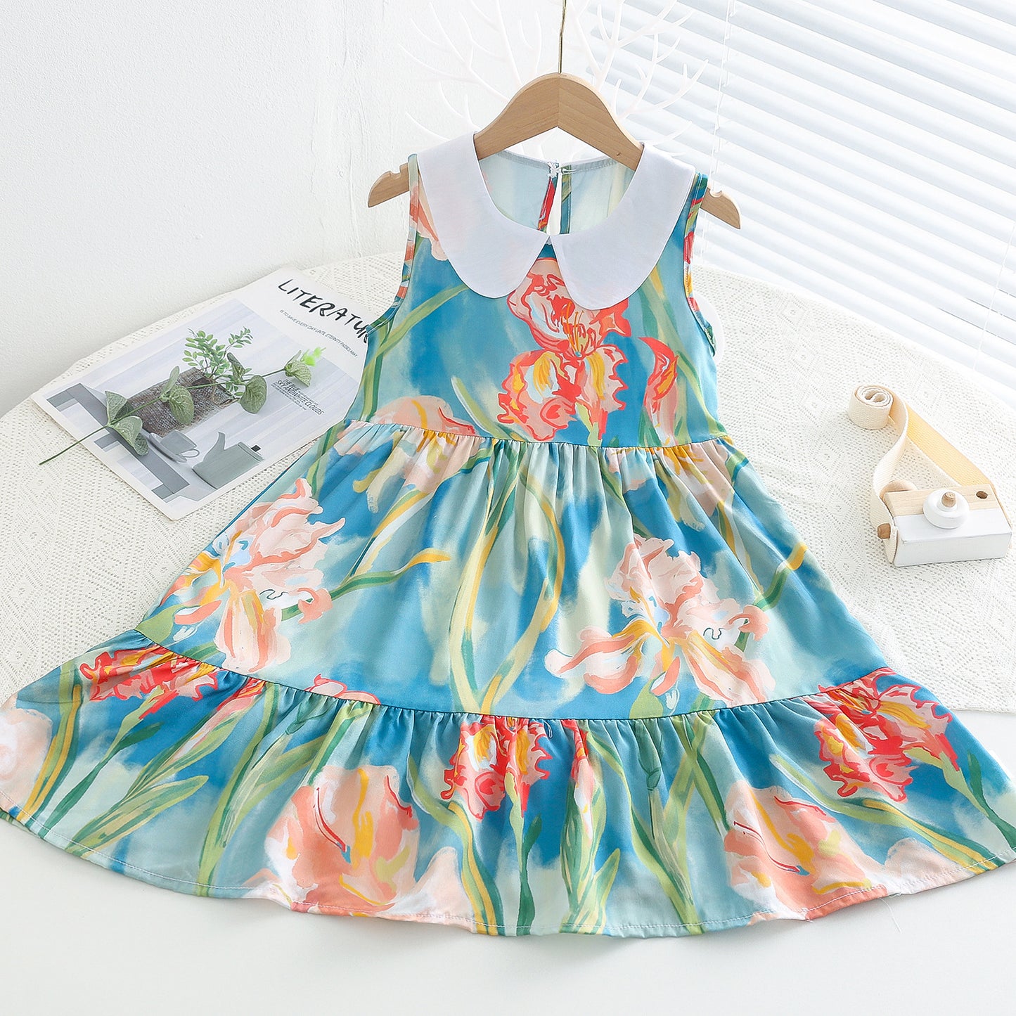 Girls Floral Cotton Silk Dress Summer New Children's Rayon Skirt Medium and Big Boy Doll Collar Princess Dress