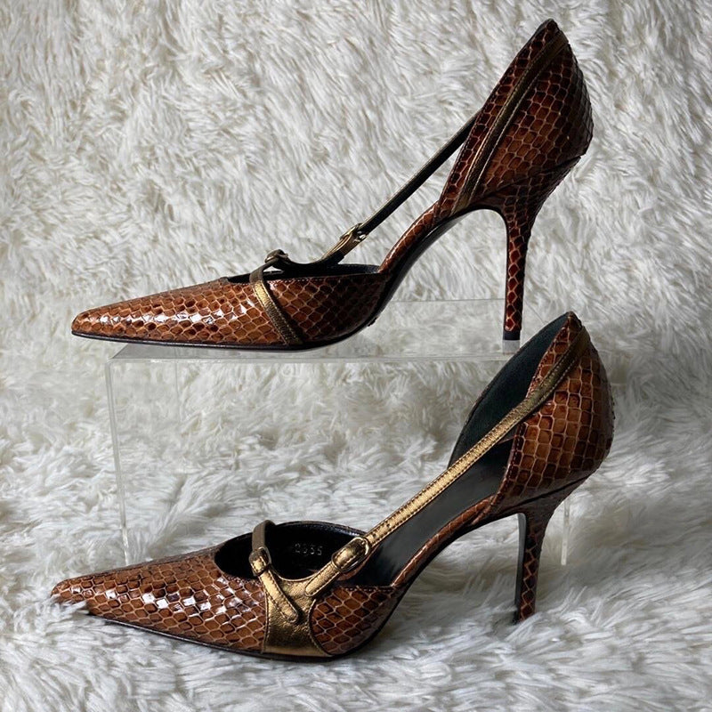Niche design pointed-toe stiletto snakeskin print heels women's 2024 new vintage babes with belt buckle hollow sandals