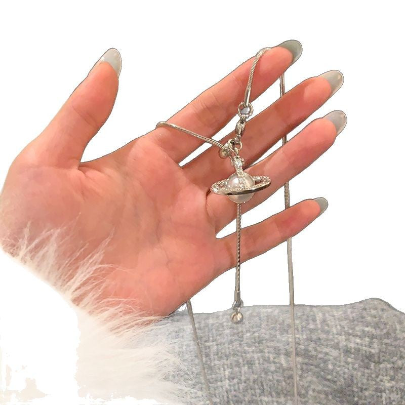 Versatile and fashionable delicate pearl planet pendant tassel sweater chain women's luxury unique long necklace necklace