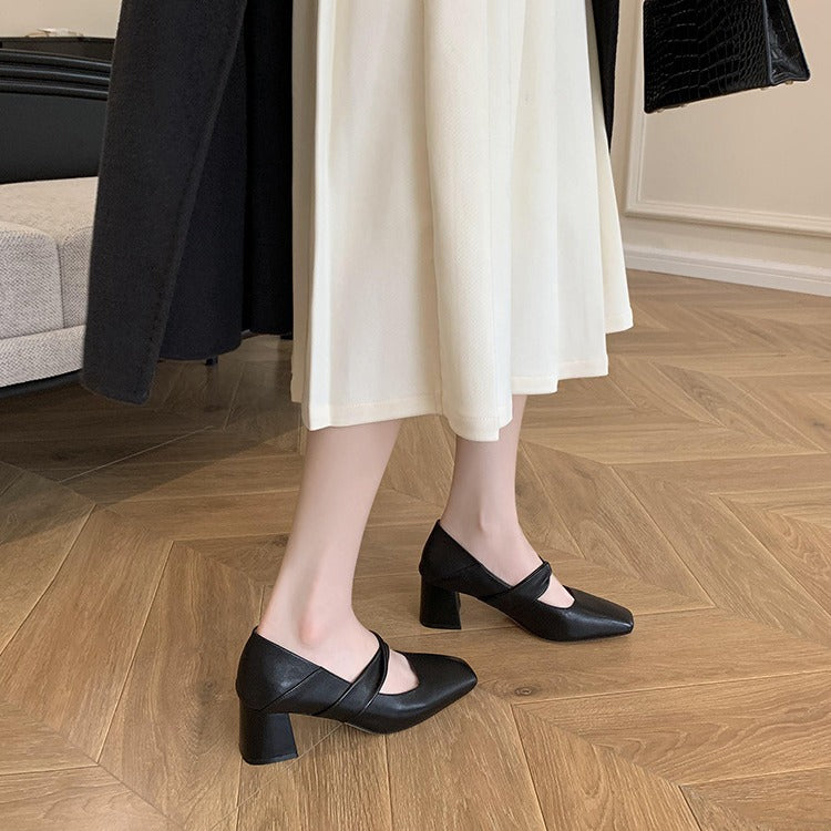 【Wang Xiaopoison】In the Mood for Love, Square Toe, Mary Jane Women's Shoes, High Heels, Block Heels, Small Leather Shoes, One Strap Single Shoes