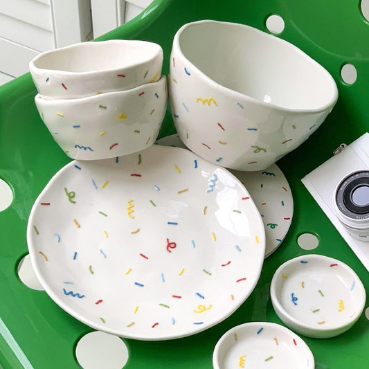 Original embossed sugar needle Korean hand-painted ceramic tableware household cute dish set bowl and plate combination housewarming gift