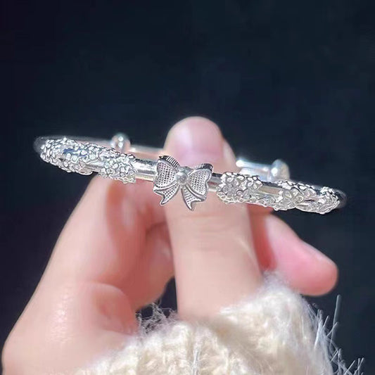 White copper silver-plated floral bow bracelet young style niche high-end filigree solid push and pull bracelet for girlfriend