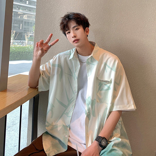 Ice silk cool shirt men's summer fashion brand design sense high-end gradient ink painting versatile couple loose shirt