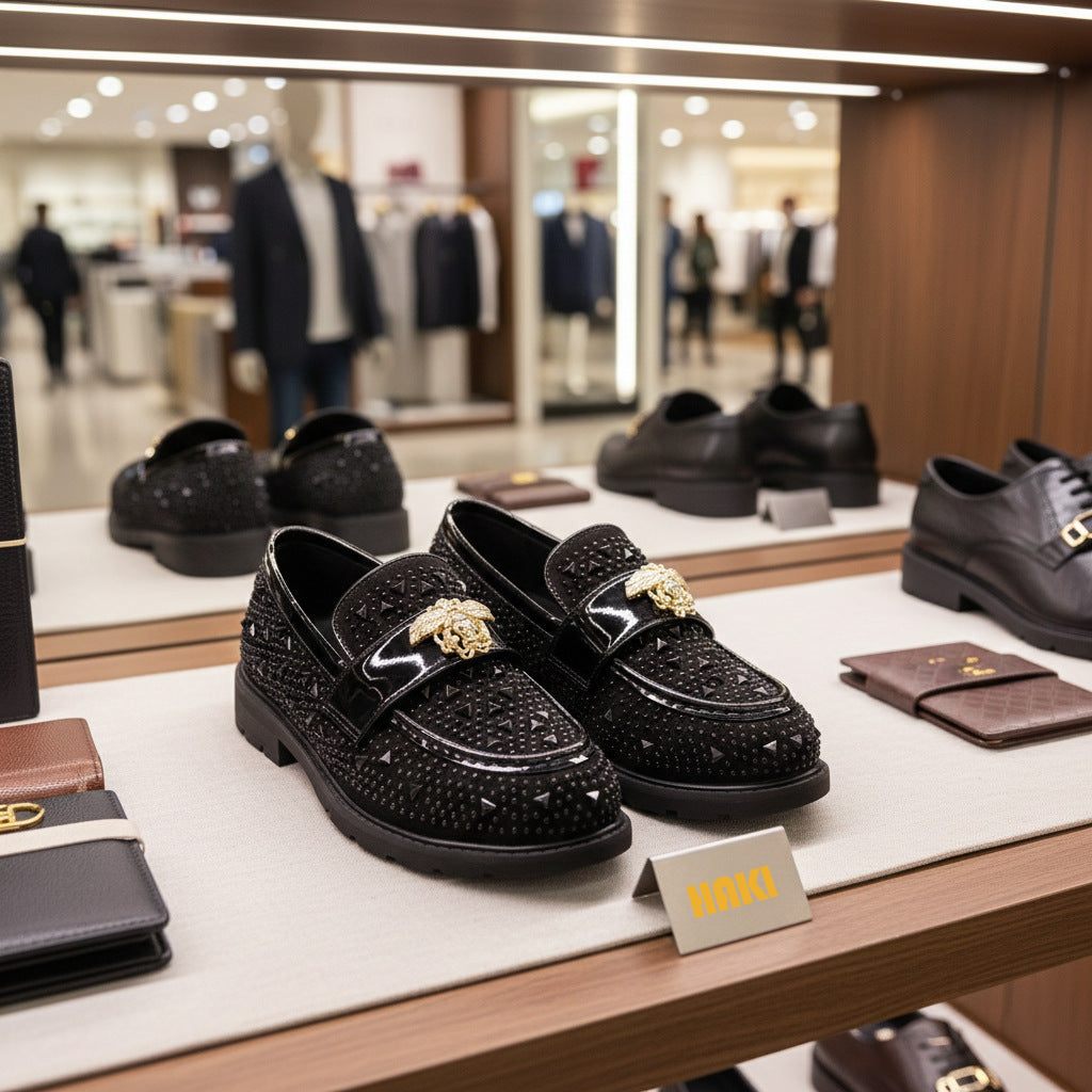 Black boys' leather shoes, British luxury full-diamond loafers, and high-end banquet performance shoes with African gold jewelry
