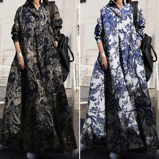 Large size women's Amazon autumn print cotton linen dress vintage ethnic style dress loose long sleeve swing skirt