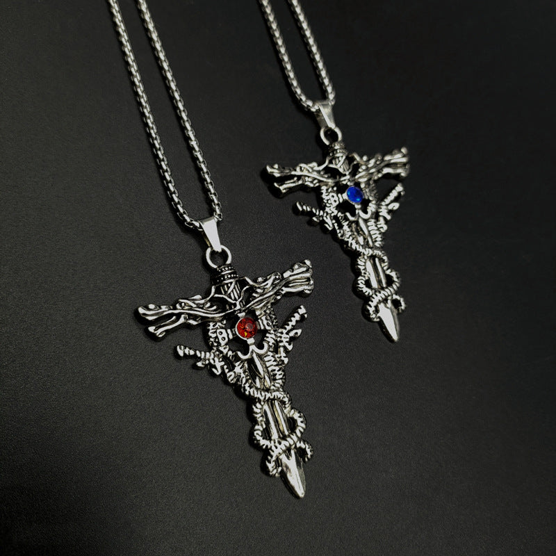European and American retro double dragon cross pendant foreign trade accessories fashion trendy brand personality titanium steel necklace men do not fade