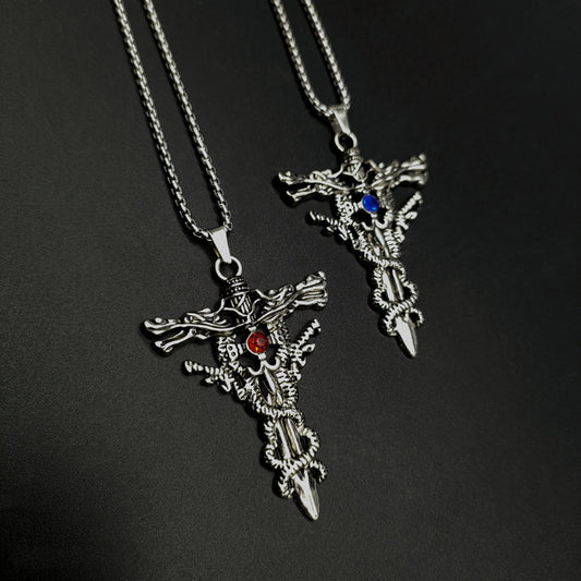 European and American retro double dragon cross pendant foreign trade accessories fashion trendy brand personality titanium steel necklace men do not fade