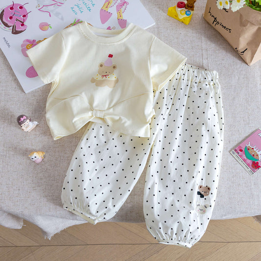Girls' set 2025 summer new baby cartoon short sleeve t-shirt thin mosquito pants two-piece set of children's summer clothes